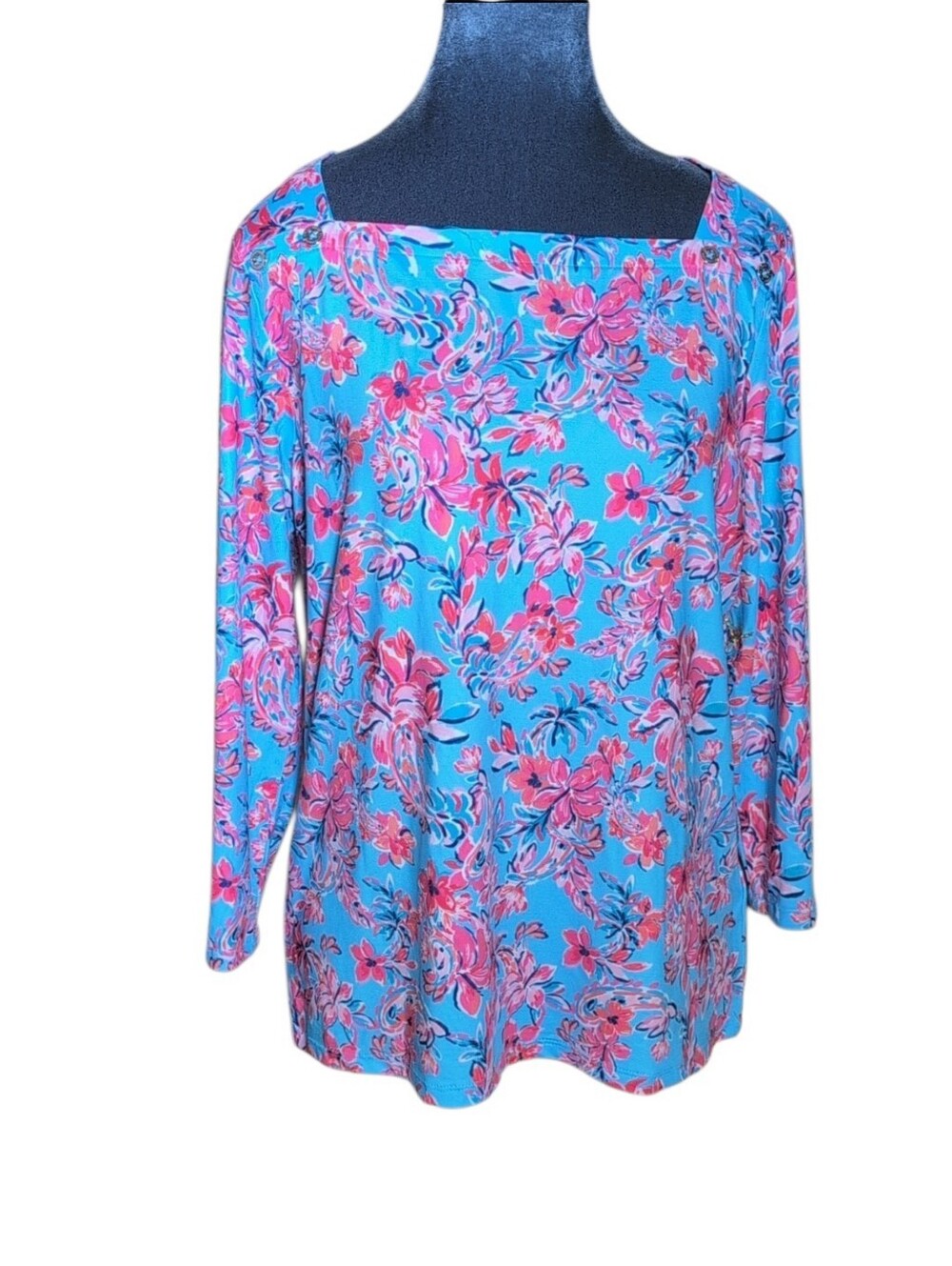 Stella Parker Floral UPF 50 3/4 Sleeve Top in Blue Blossom Size Medium